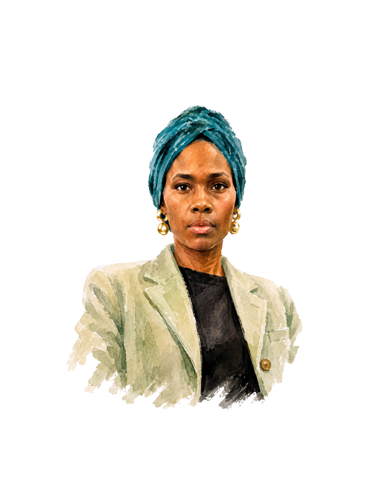Watercolor portrait of a woman wearing a teal headwrap, gold hoop earrings, and a light beige blazer over a black top, centered on a plain white background. Lot 23 Chandler Co. Perfume Making Near Me Atlanta Candle Making Near Me Atlanta.