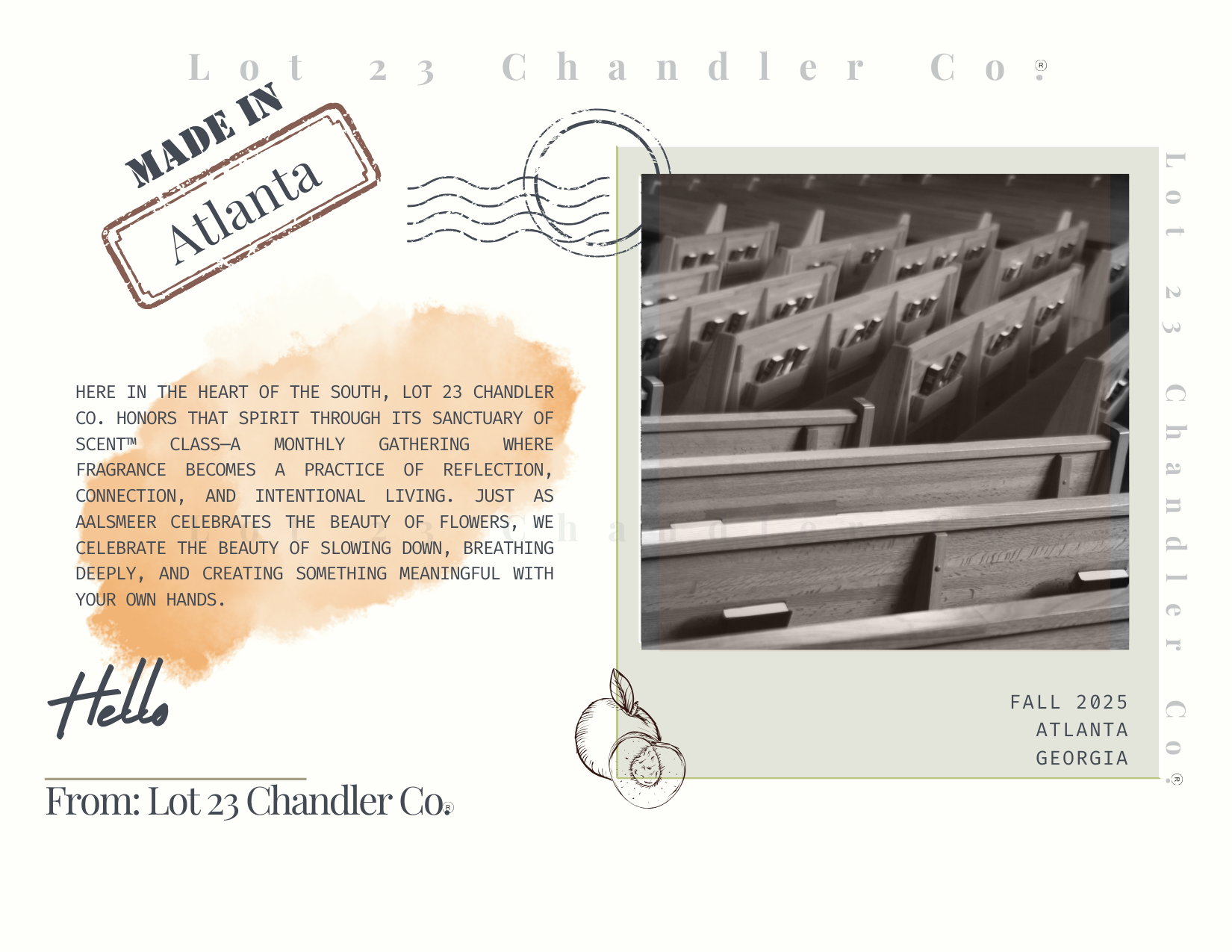 Lot 23 Chandler Co. invitation to join our Sanctuary of Scent perfume making class in Atlanta City, Georgia.