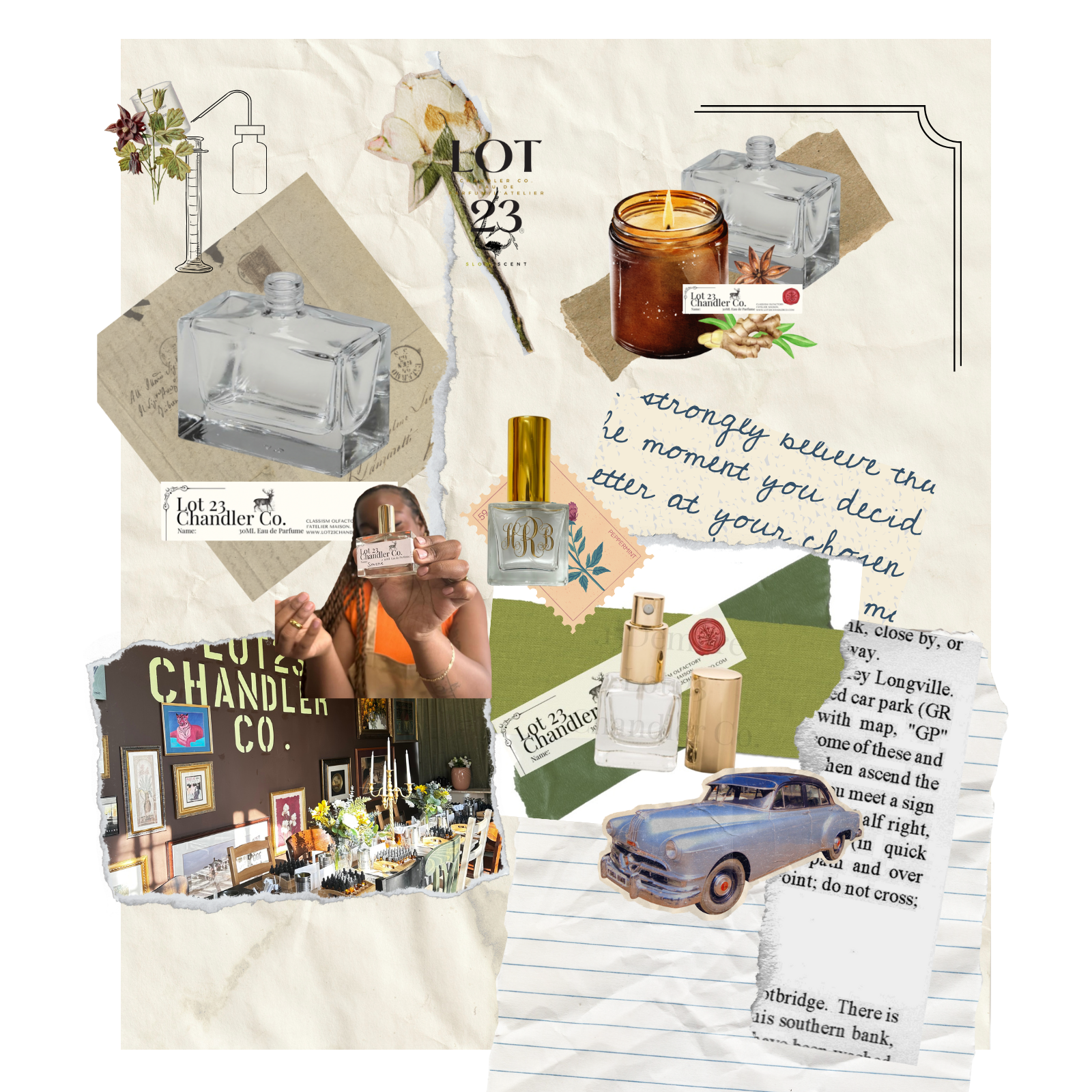 Collage of various items including candles, bottles, and text on a textured background
