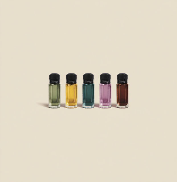 Four small 5 mL perfume bottles arranged together.