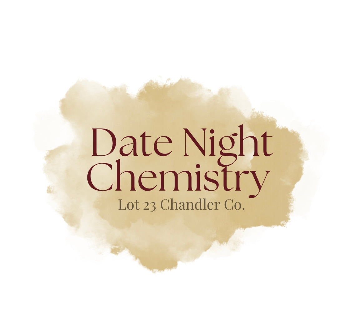 A square graphic with the words 'Date Night Chemistry' and 'Lot 23 Chandler Co.' centered over a beige watercolor splash on a white background. Date Night Chemistry Perfume Making Atlanta.